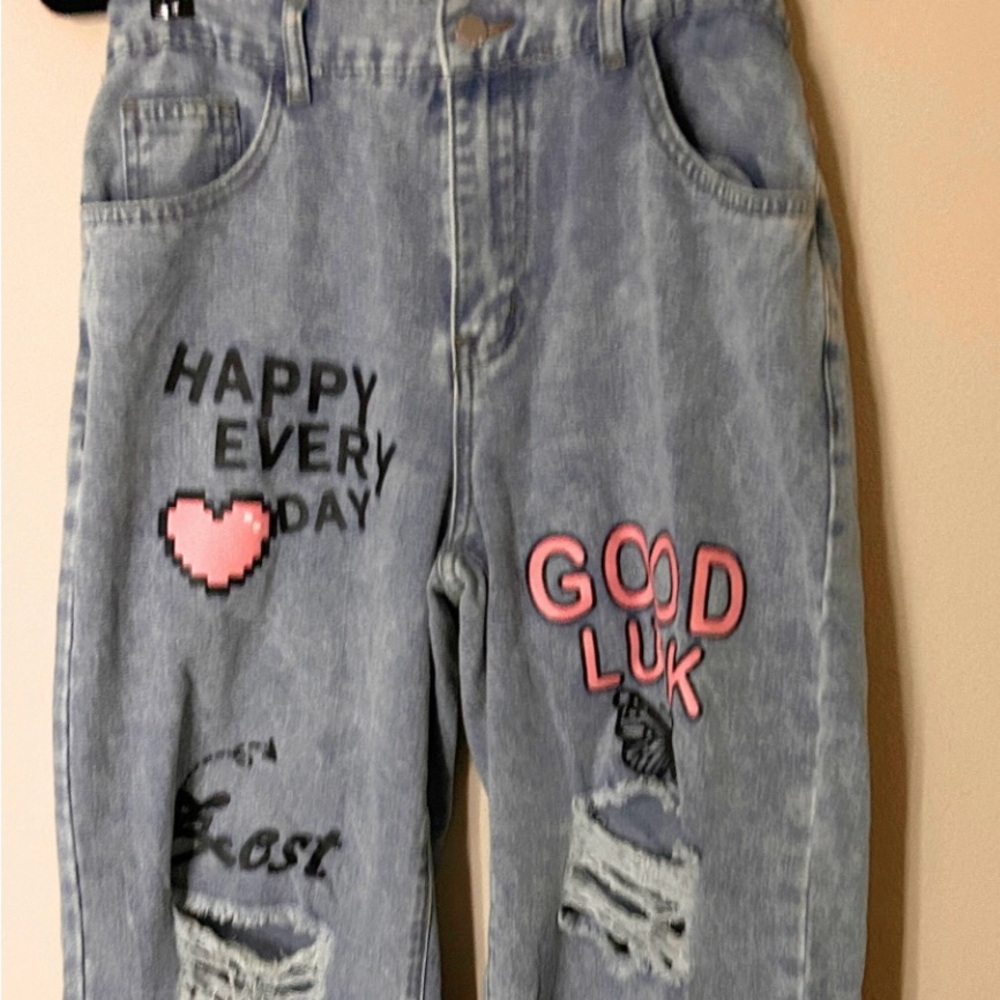 SHEIN Blue Graphic Straight Leg Jeans